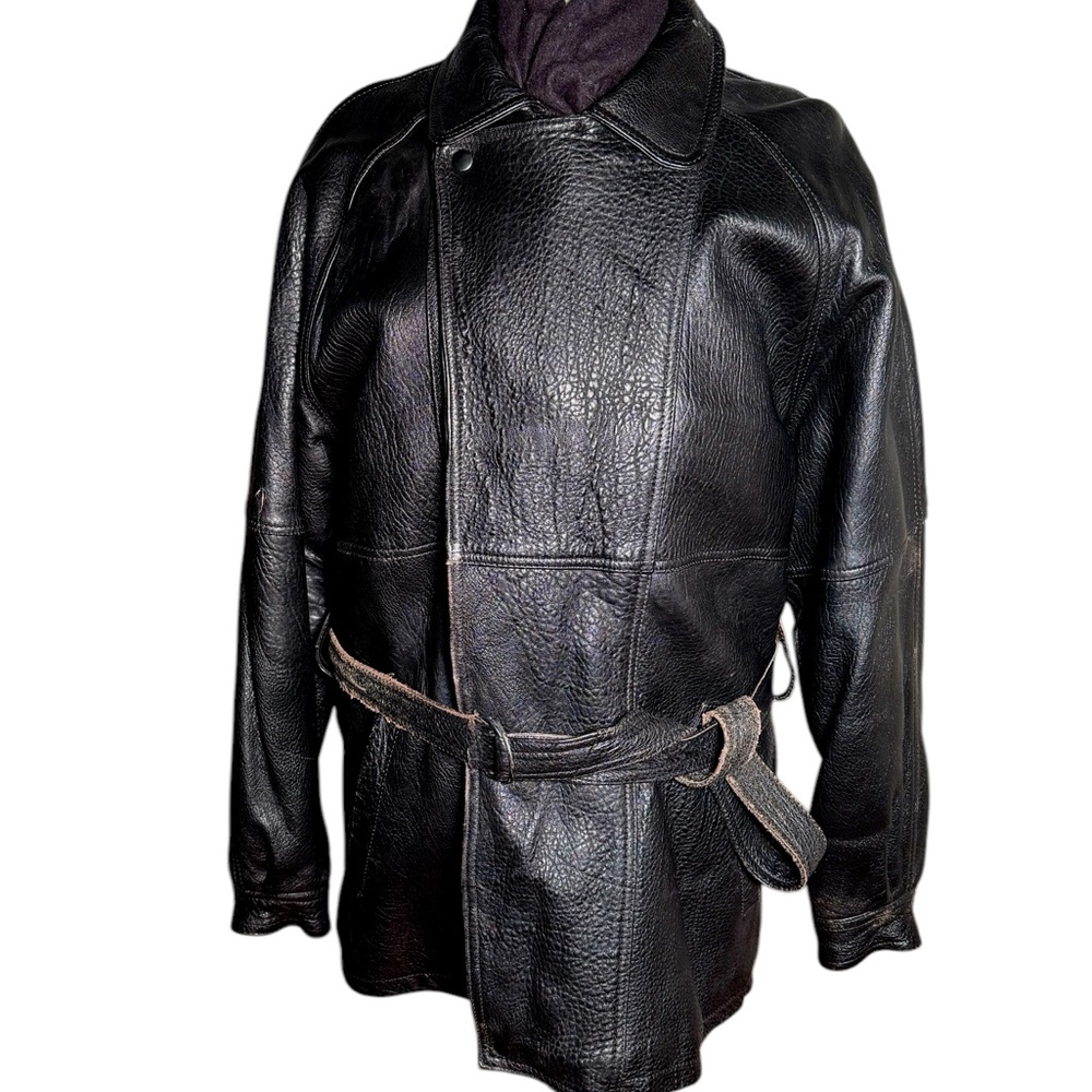 TAMARI VINTAGE LEATHER FAUX SHEARLING LINED BELTED MEN'S JACKET-MENS 40-1980s